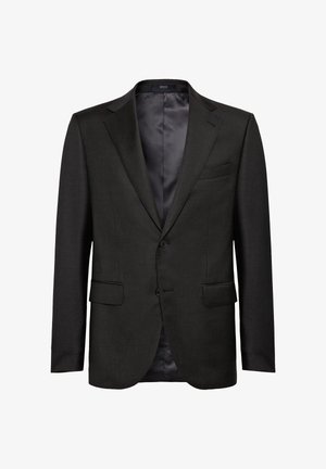 Chaqueta de traje negra hecha de tela texturizada con solapa muescada, dos bolsillos delanteros y cierre de un botón. Forro interior de satén.