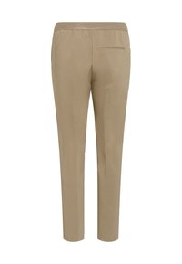 Pantalon beige ajusté, avec une ceinture élastique texturée et une poche arrière unique, fabriqué à partir d'un matériau lisse et léger.