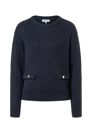 Navy cable-knit sweater with a rounded neckline, two front pockets with button accents, and ribbed cuffs and hem.