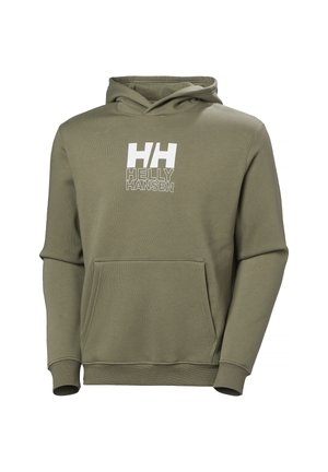 Olijfgroen hooded sweatshirt gemaakt van zacht materiaal, met een voorzak en een wit "HH" logo met daaronder de tekst "HELLY HANSEN".