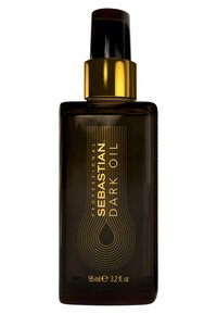 Sebastian Dark Oil-fles, 95 ml, heeft een ontwerp van donkerbruin glas, gouden accenten en graphics met gebogen lijnen op het etiket.
