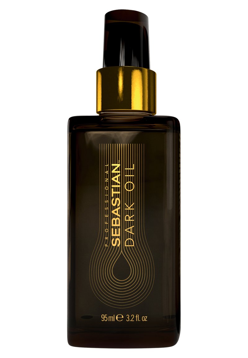 Sebastian Dark Oil-fles, 95 ml, heeft een ontwerp van donkerbruin glas, gouden accenten en graphics met gebogen lijnen op het etiket.