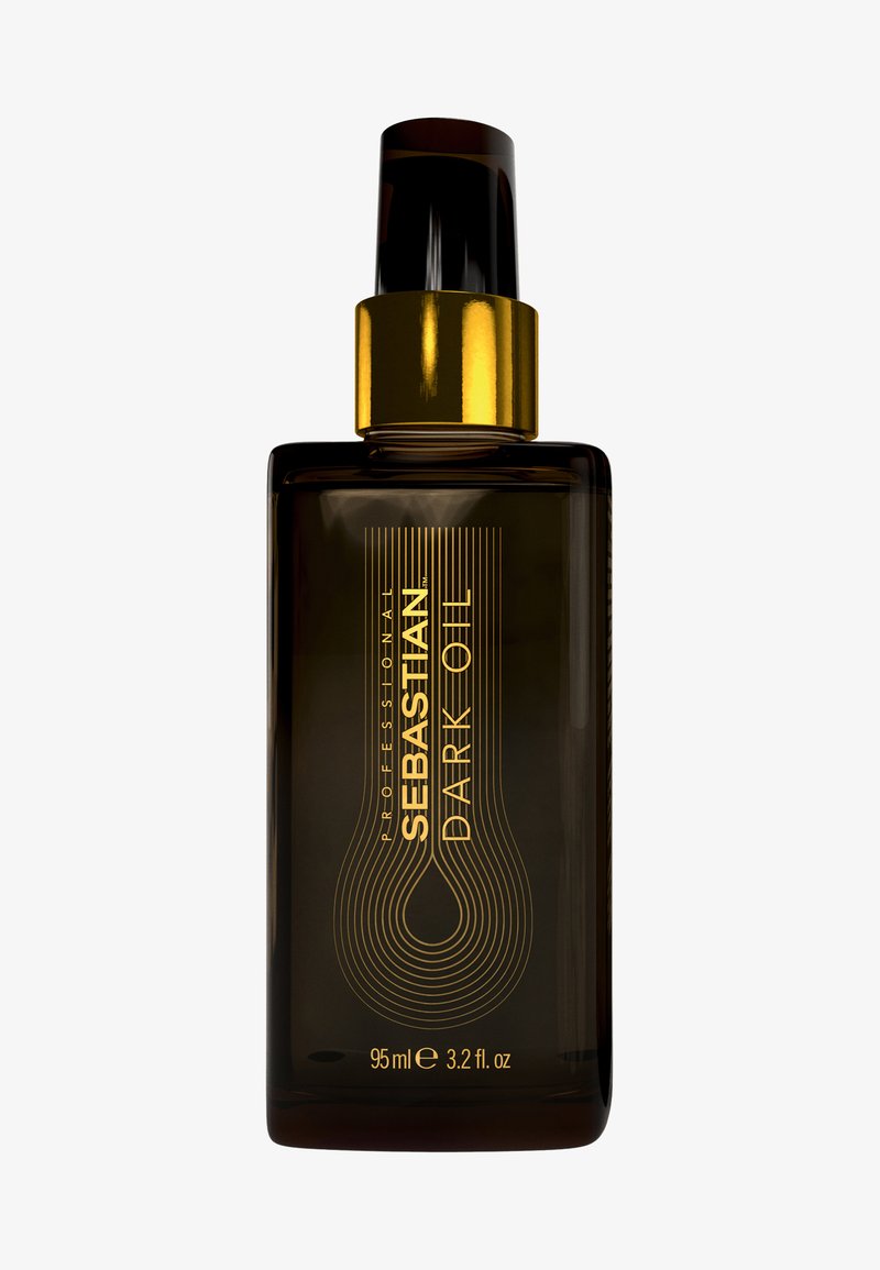 Bottiglia di olio Sebastian Dark, 95 ml, caratterizzata da un design in vetro marrone scuro, dettagli dorati e grafiche a linee curve sull'etichetta.