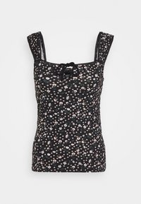 Black floral tank top with narrow straps, featuring a square neckline and a bow detail at the front. Pattern includes small white and pink flowers.