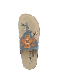 Blue leather flip-flop with a floral orange appliqué, textured footbed, and light brown rubber sole. Features a toe post design.