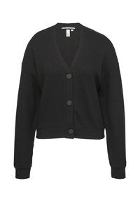 Schwarze, kurze Strickjacke mit einem strukturierten Strickdesign, V-Ausschnitt und vier Knöpfen auf der Vorderseite. Lange Ärmel mit Rippbündchen.
