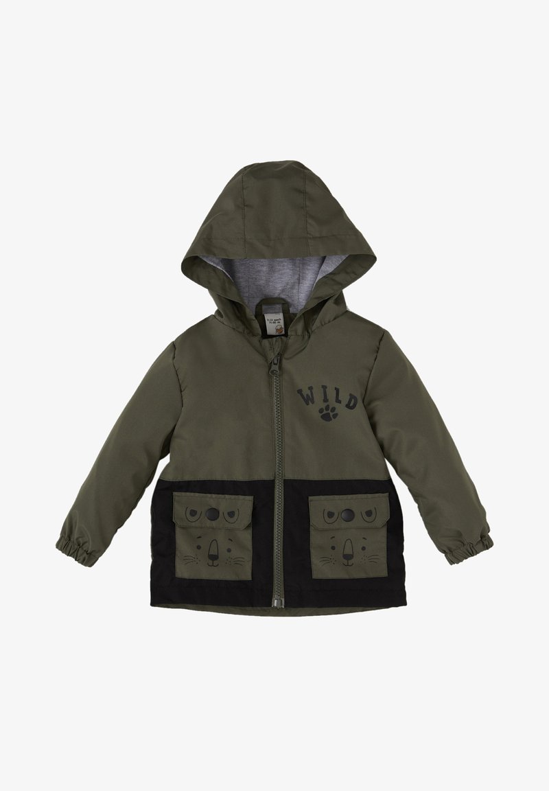 Veste à capuche verte et noire pour enfants avec fermeture éclair devant, poches à motif visage d’animal, et texte "WILD" avec empreinte de patte sur la poitrine.