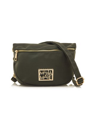 Olivgrüne Nylon-Crossbody-Tasche mit goldenen Reißverschluss, strukturierter Form und metallicfarbigem Logo-Akzent auf der Vorderseite. Verstellbarer Schultergurt enthalten.