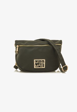 Olivgrüne Nylon-Crossbody-Tasche mit goldenen Reißverschluss, strukturierter Form und metallicfarbigem Logo-Akzent auf der Vorderseite. Verstellbarer Schultergurt enthalten.