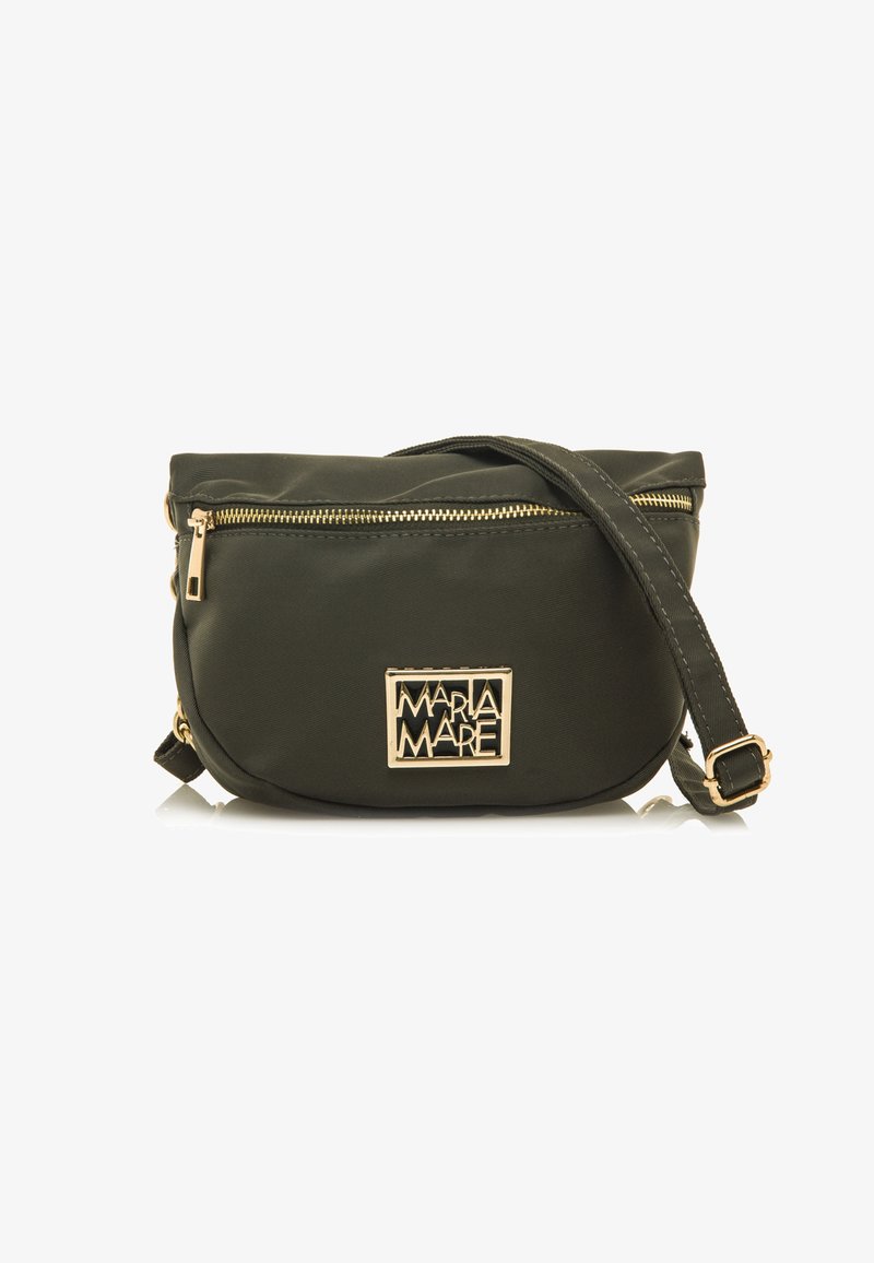 Borsa a tracolla in nylon verde oliva con zip dorata, forma strutturata e un accento logo metallico sulla parte anteriore. Include una tracolla regolabile.