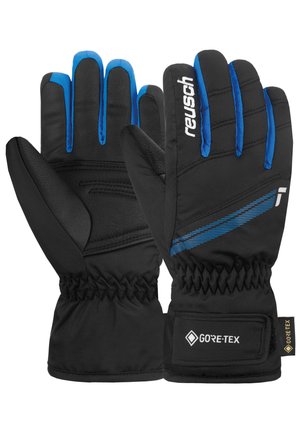 Schwarz-blaue isolierte Handschuhe mit elastischen Bündchen, Gore-Tex-Label, Reusch-Logo und blauem diagonalen Streifen auf dem Handrücken.