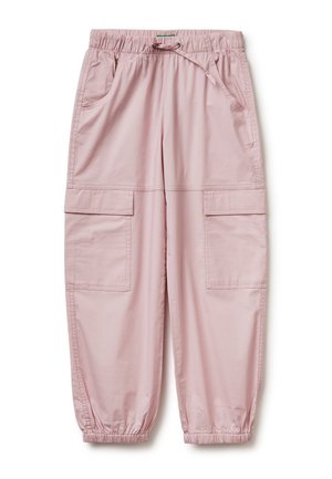 Pantalones cargo de color rosa claro con cintura y puños elásticos, bolsillos delanteros y bolsillos con solapa en los muslos.