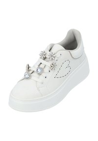 White sneaker with a platform sole, featuring floral and heart-shaped jeweled accents on the laces, and perforated heart design on the side.