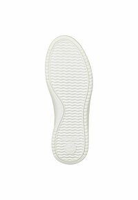 White rubber shoe sole with a wavy texture, rounded toe, and a circular logo at the heel. Features a vertical design on the side.