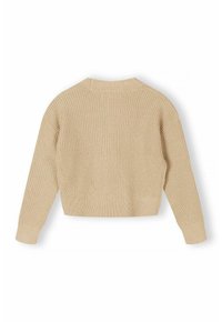 Avklippt beige stickad tröja med ribbad textur, vida ärmar och rund halslinning. Bakvy som visar de accentuerade sömmarna.