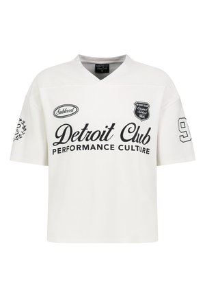 Weißes kurzärmliges Hemd mit schwarzem Text "Detroit Club Performance Culture", den Logos "Sublevel" und "Detroit Club" sowie der Nummer 9 auf dem rechten Ärmel.