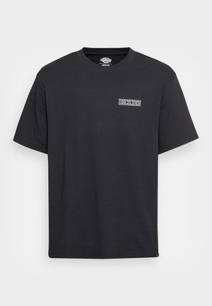 Schwarzes Dickies-T-Shirt mit kurzen Ärmeln, kleinem weißem Logo auf der linken Brust und Rundhalsausschnitt, Größe M.