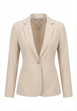 Blazer beige pour femme, cintré, avec fermeture à bouton unique, revers à encoche, manches longues et deux poches passepoilées à l'avant.