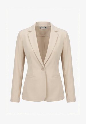 Blazer beige pour femme, cintré, avec fermeture à bouton unique, revers à encoche, manches longues et deux poches passepoilées à l'avant.