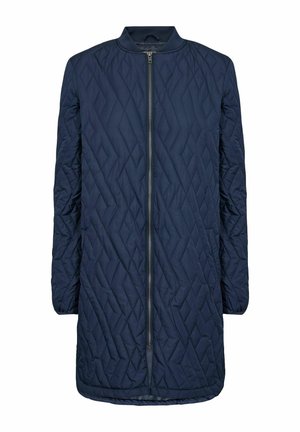 Cappotto lungo trapuntato blu navy con collo alto, zip frontale e motivi a rombi. Realizzato in tessuto testurizzato, presenta maniche lunghe e una linea dritta.