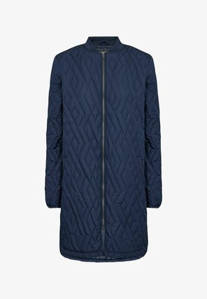 Navy quilted long coat with a high neck, front zipper, and diamond patterns. Made from textured fabric, featuring long sleeves and a straight cut.