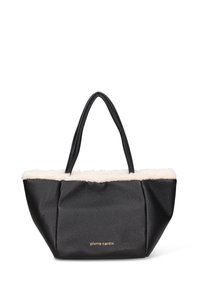 Borsa tote nera testurizzata con parte superiore in morbida ecopelliccia crema, dotata di due manici robusti e scritta dorata sulla parte anteriore.