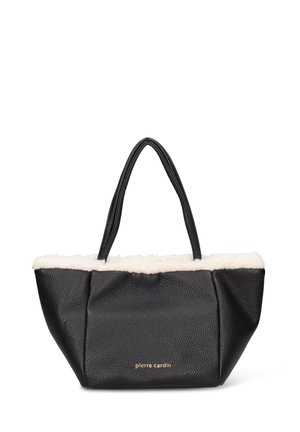 Borsa tote nera testurizzata con parte superiore in morbida ecopelliccia crema, dotata di due manici robusti e scritta dorata sulla parte anteriore.