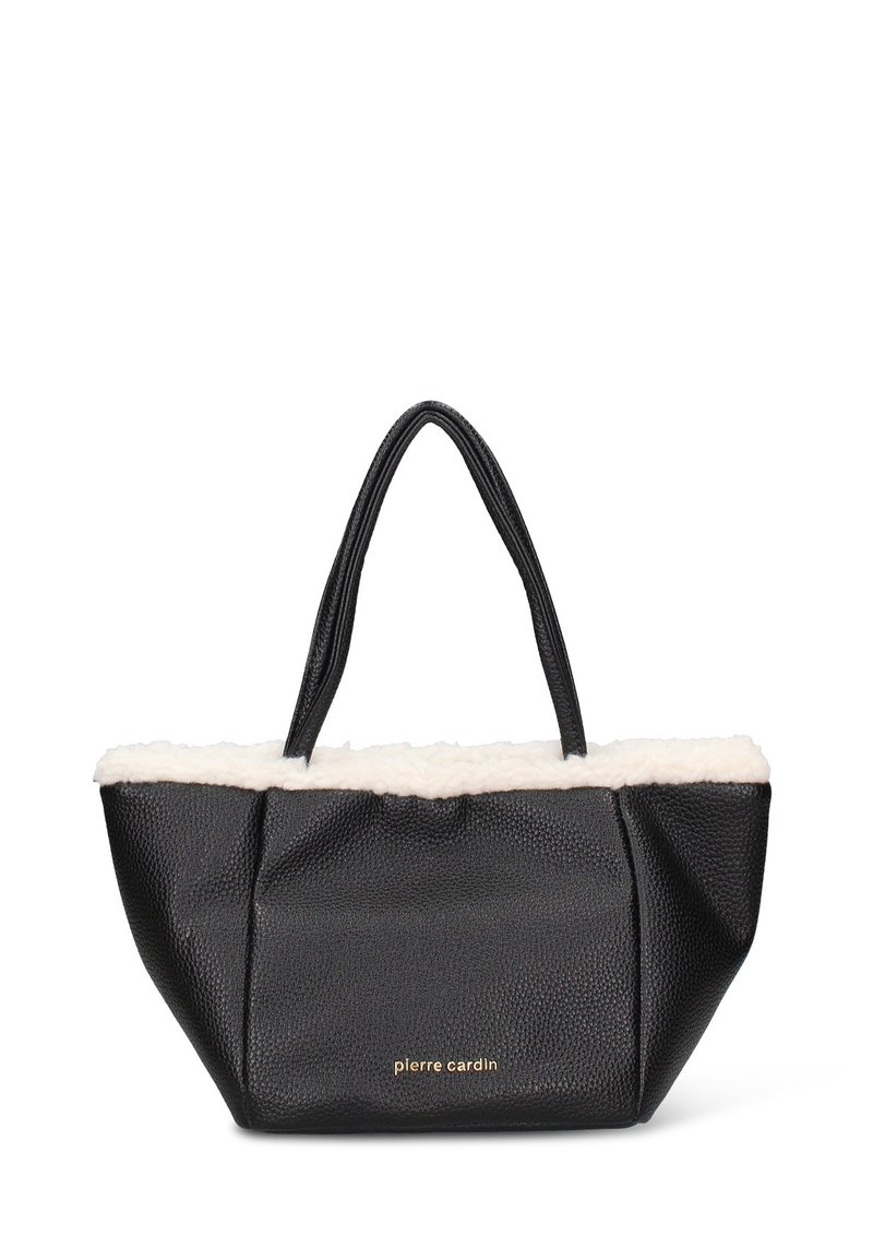 Borsa tote nera testurizzata con parte superiore in morbida ecopelliccia crema, dotata di due manici robusti e scritta dorata sulla parte anteriore.