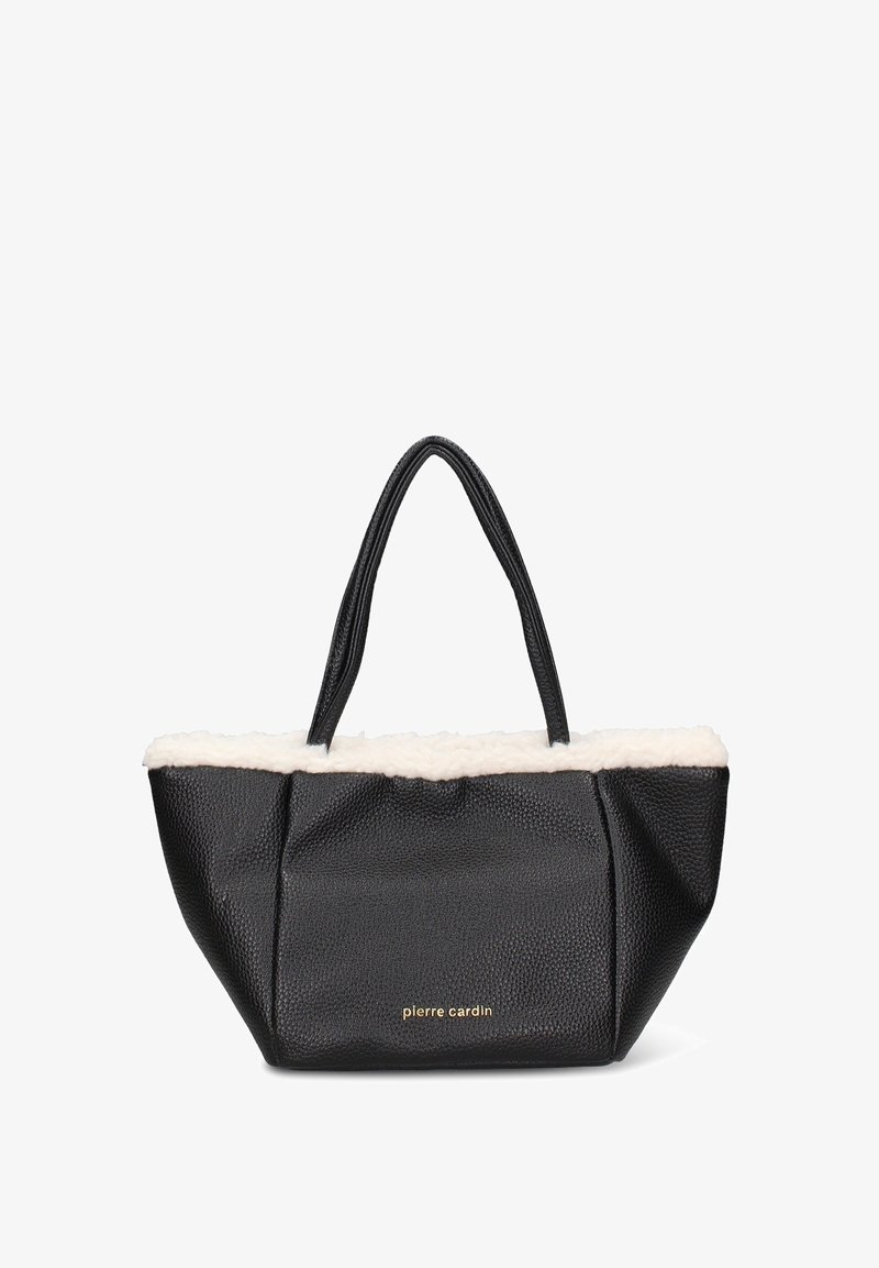 Borsa tote nera testurizzata con parte superiore in morbida ecopelliccia crema, dotata di due manici robusti e scritta dorata sulla parte anteriore.