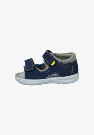 Navy blue sandal featuring a synthetic upper with perforations, two Velcro straps, white rubber sole, and padded gray collar.