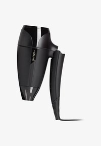 Zwarte haardroger met een slank, ergonomisch design. Beschikt over een glanzende afwerking, een gebogen mondstuk en bedieningsknoppen op de handgreep.