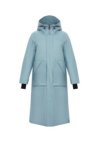 Cappotto imbottito lungo di colore azzurro chiaro con cappuccio, dotato di due tasche frontali e polsini neri. Texture liscia, design minimal e lunghezza al ginocchio.