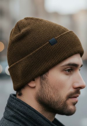 Braune Strickmütze mit umgeschlagenem Bund und kleinem schwarzem Etikett. Die Struktur ist gerippt und liegt eng am Kopf an. Hintergrund unscharf.