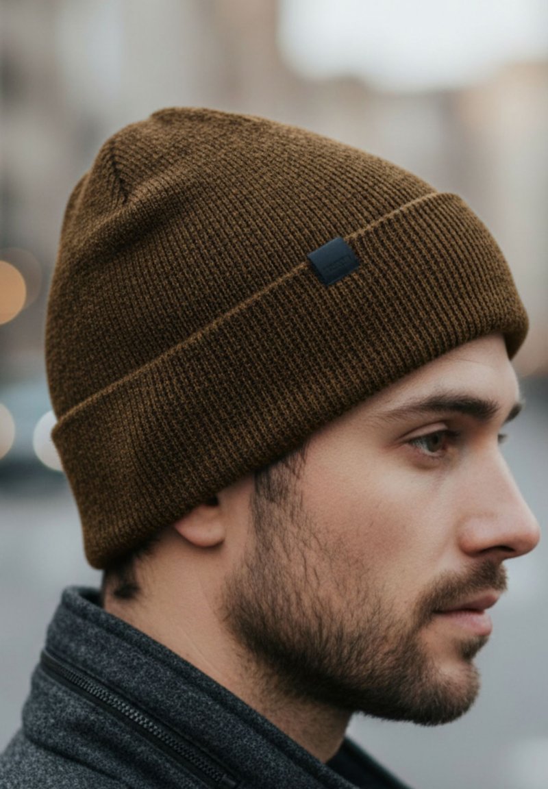 Cuffia marrone di maglia con risvolto, caratterizzata da una piccola etichetta nera. La trama è a coste, aderente alla testa. Sfondo sfocato.