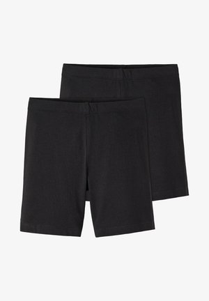 Mustad puuvillaseguste lühikesed püksid elastse vöökohaga, sujuva tekstuuri ja sirge lõikega, esitletud kahe komplektina.