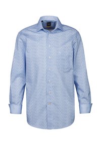 Camicia azzurro chiaro a maniche lunghe con motivo floreale, apertura a bottoni sul davanti e taschino sul petto. Maniche con polsini e dettagli interni a contrasto.