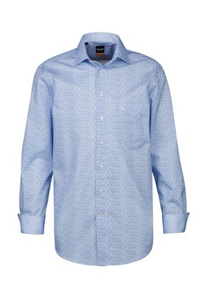 Camicia azzurro chiaro a maniche lunghe con motivo floreale, apertura a bottoni sul davanti e taschino sul petto. Maniche con polsini e dettagli interni a contrasto.