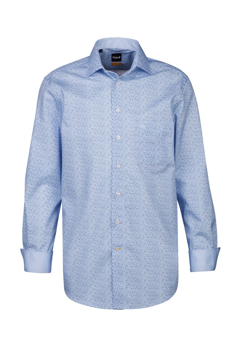 Camicia azzurro chiaro a maniche lunghe con motivo floreale, apertura a bottoni sul davanti e taschino sul petto. Maniche con polsini e dettagli interni a contrasto.