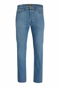Jeans de mezclilla azul claro con corte recto, que presentan un cierre de botón y cremallera, diseño de cinco bolsillos y un ligero desvanecimiento.