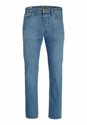 Light blue denim jeans with a straight-leg cut, featuring a button and zipper closure, five-pocket design, and subtle fading.