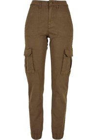 Brown high-waist cargo pants with elastic cuffs, front button and zip closure, two front patch pockets, and flap pockets on the thighs.