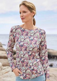 Langärmliges Hemd aus leichtem Stoff, das ein wirbelndes abstraktes Muster in Pastellfarben mit lila, rosa und türkisfarbenen Akzenten zeigt.