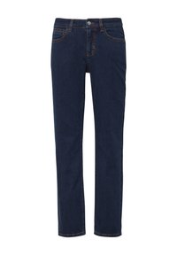 Donkerblauwe denim jeans met een rechte pasvorm, vijf-pocket ontwerp en oranje stiksels op de zaknaden en tailleband.