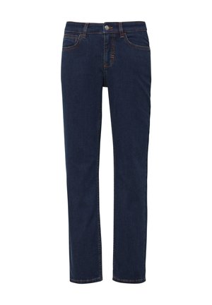 Dark blue denim jeans with a straight fit, five-pocket design, and orange stitching details on pocket seams and waistband.