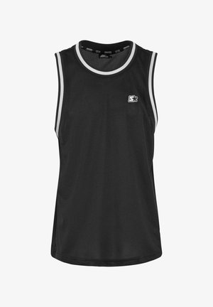 Black sleeveless athletic shirt made of mesh fabric, featuring a round neckline with white accents and a logo on the front.