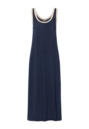 Mørkeblå ærmeløs kjole i blødt stof med beige detaljer langs halsudskæringen. A-formet snit og knælængde.
