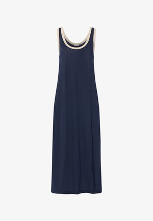 Mørkeblå ærmeløs kjole i blødt stof med beige detaljer langs halsudskæringen. A-formet snit og knælængde.