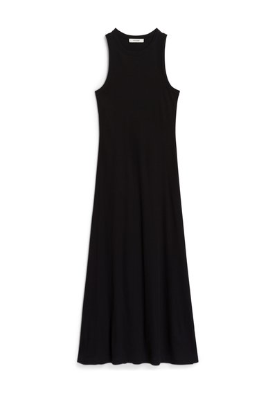 Black sleeveless dress made of smooth fabric, featuring a round neckline and an A-line silhouette that extends to the floor.