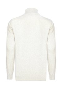 Hellgrauer Pullover mit hohem Kragen, gerippten Bündchen und Saum. Glatte, weiche Textur mit einem dezenten Melange-Muster.