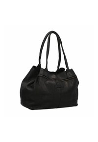 Bolso tote de cuero negro con forma curva, doble asa y cierre de cremallera. Presenta una textura suave y un acento con logo de ancla.